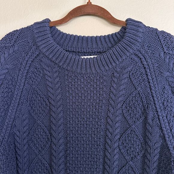 LLBean Signature Women L Cable Knit Fisherman Sweater Navy Blue Cotton - Picture 4 of 15
